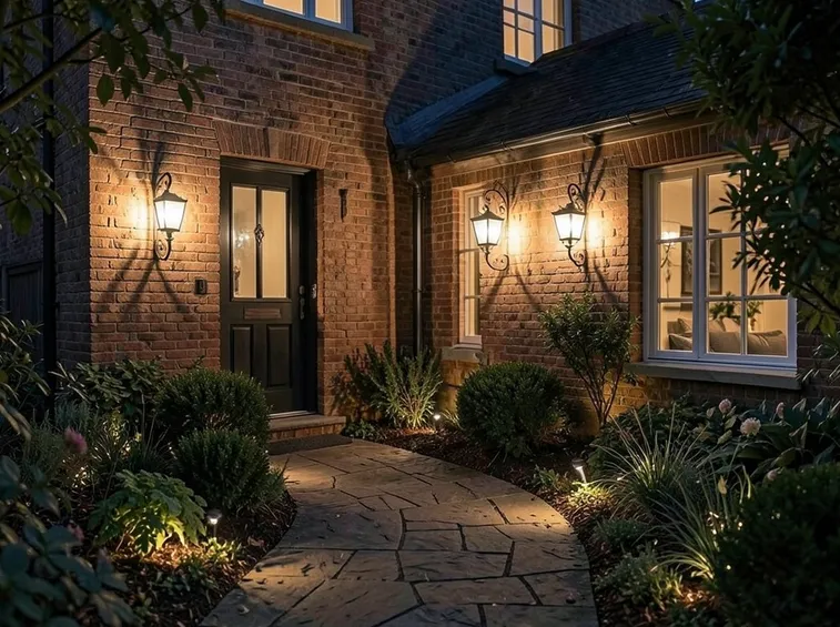 Giardino illuminato con lampade a parete